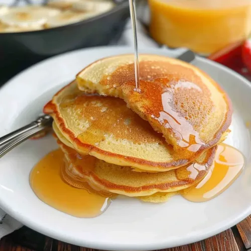 Easy Homemade Hoe Cakes That Taste Like Grandma’s Cooking 1 Stack of golden homemade hoe cakes drizzled with syrup on a white plate