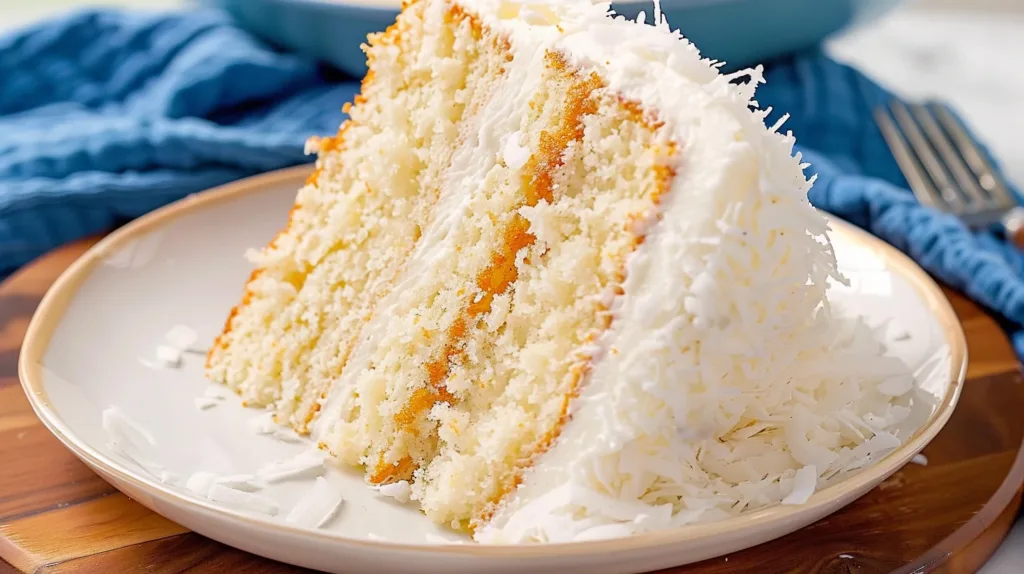 Slice of moist coconut cake with creamy frosting and shredded coconut on a plate