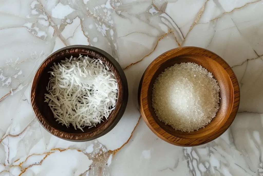 Shredded coconut and granulated sugar in two wooden bowls on a marble surface