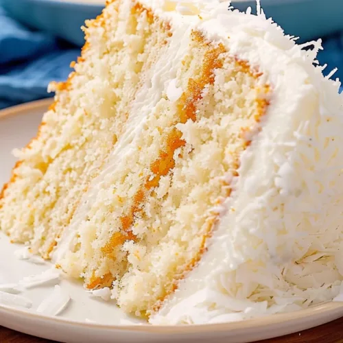 Slice of moist coconut cake with creamy frosting and shredded coconut on a plate
